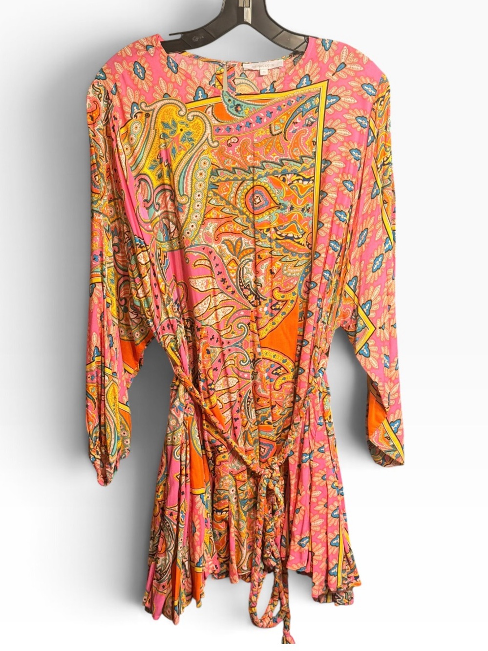 Olivaceous Paisley Boho Tie Waist Mini Dress Pink Orange Small